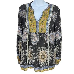 Sundance Black Floral Paisley Peasant Blouse with Mustard Yoke